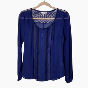 CANDIE'S Womens M Navy Blue Sheer Peasant Top Boho Long Sleeve Lace Black Trim